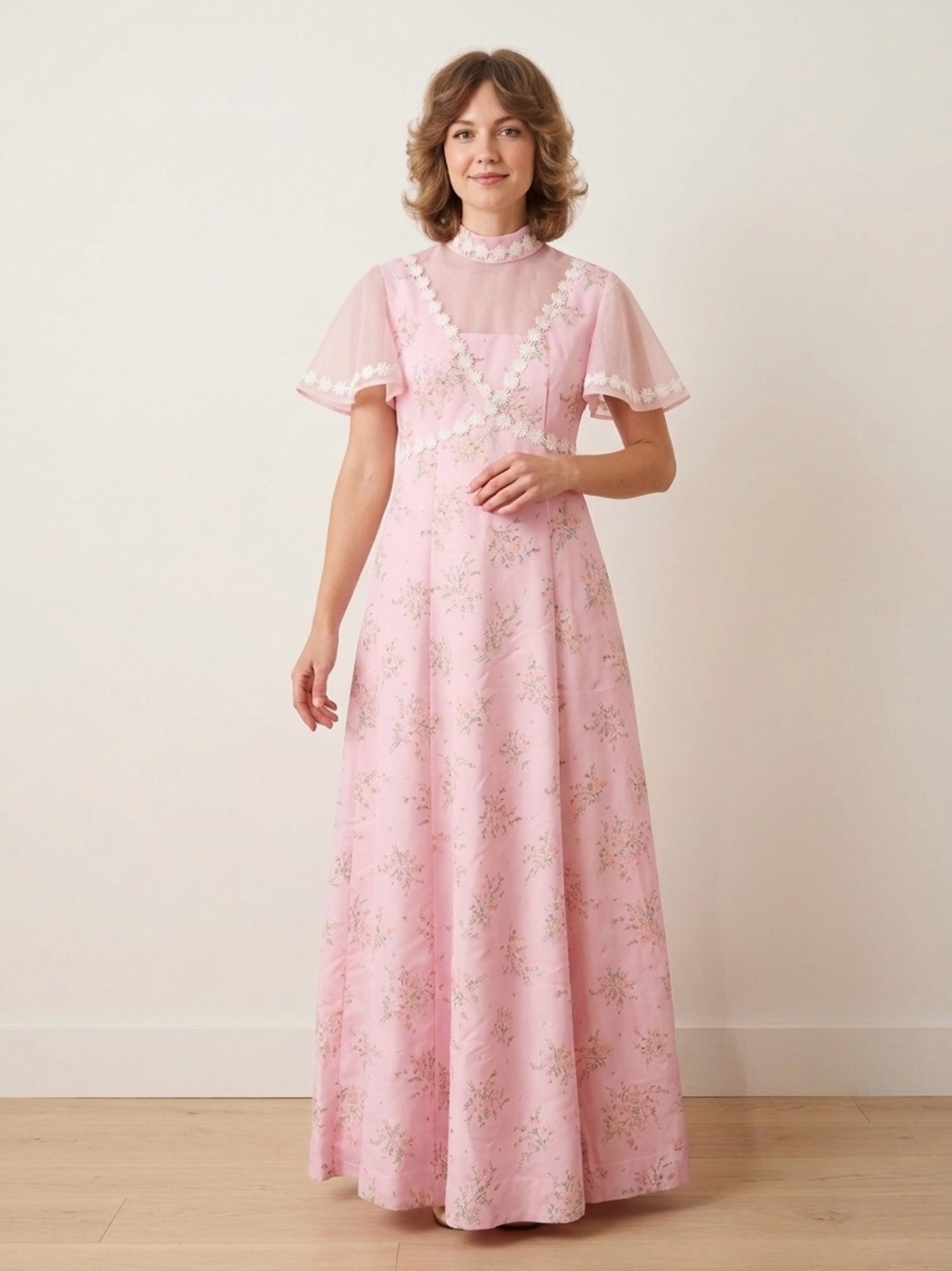 Vintage Pink Floral Lace-Trim Maxi Dress